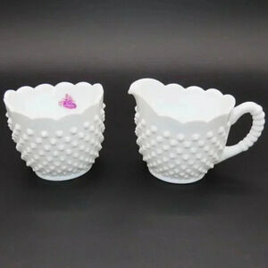 Vintage Fenton Oval Hobnail Milk Glass Sugar Bowl Creamer Set 1950s 1960s